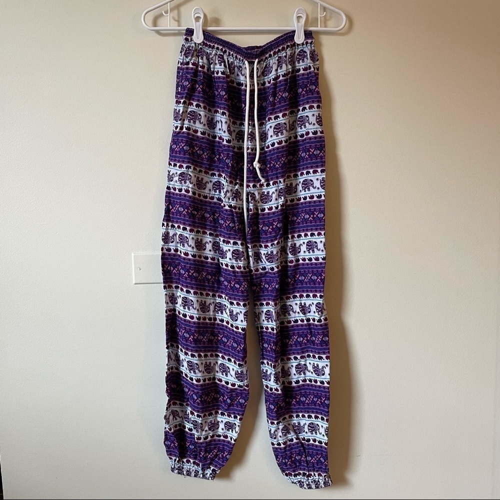 Rayon elephant Thailand purple and white print long sweatpants comfortable
